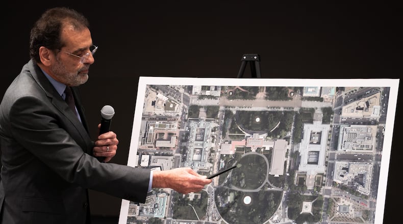 Architect Shalom Baranes points at a map on a board during a National Capitol Planning Commission meeting discussing the White House ballroom project, Thursday, Jan. 8, 2026, in Washington. (AP Photo/Allison Robbert)