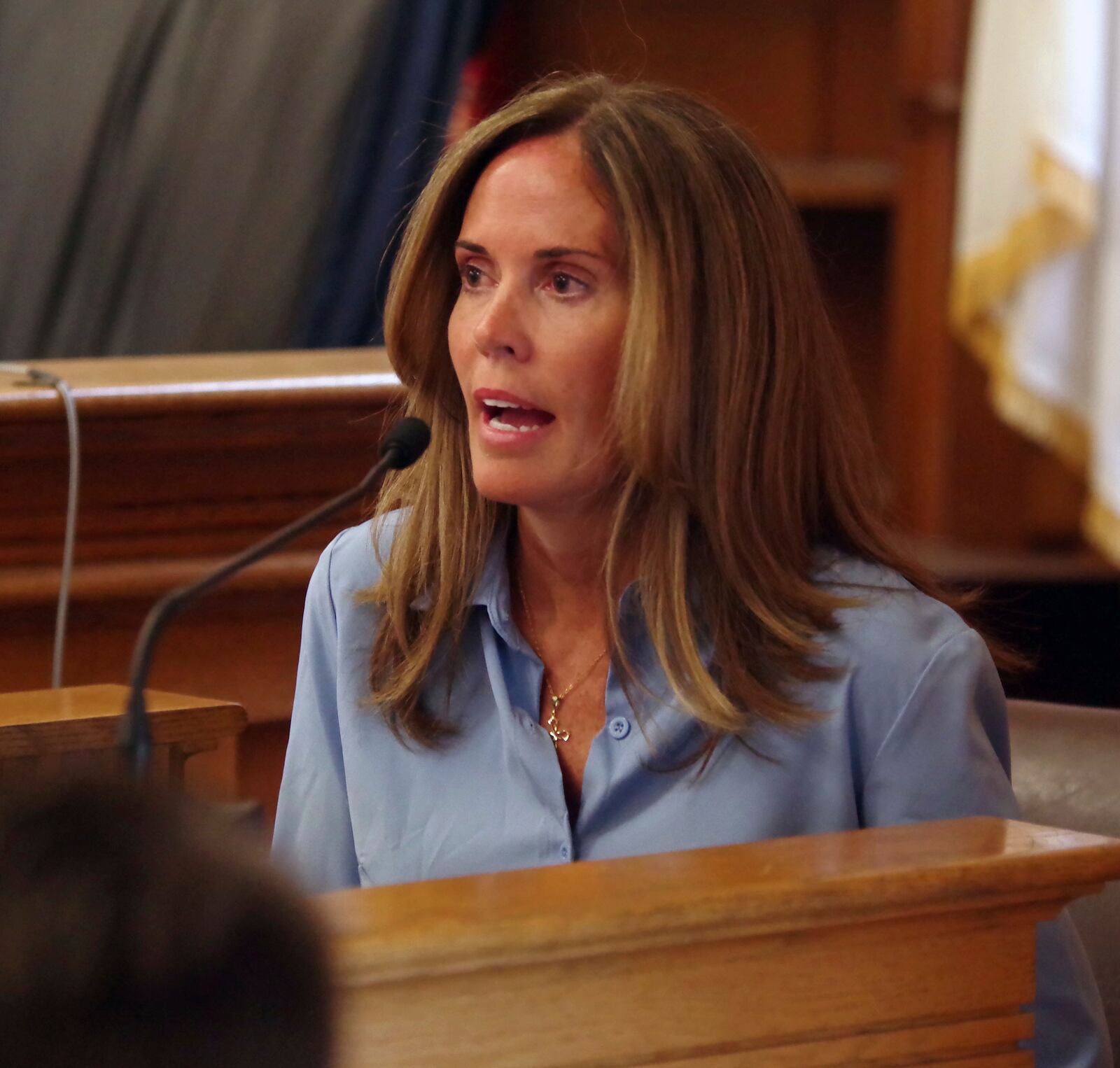 Witness Jen McCabe takes the stand at Norfolk Superior Court during the Karen Read trial in Dedham, Mass., Friday, May 2, 2025. (Mark Jarret Chavous/The Enterprise via AP, Pool)