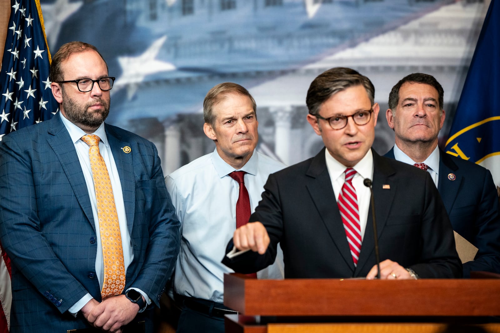 
                        From right: Rep. Mark Green (R-Tenn.), House Speaker Mike Johnson (R-La.), Rep. Jim Jordan (R-Ohio) and Rep. Jason Smith (R-Mo.) during a news conference in Washington on Tuesday morning, May 20, 2025. President Donald Trump joined House Republicans at their weekly meeting at the Capitol as Johnson tries to shore up support for the GOP megabill to deliver the president’s agenda. (Haiyun Jiang/The New York Times)
                      