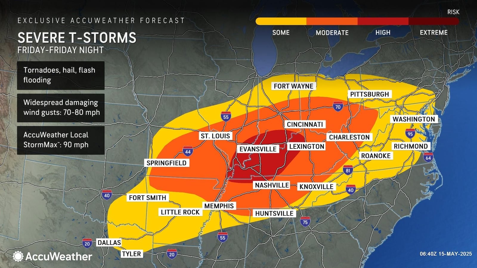 Severe storms with damaging winds, tornadoes, hail and heavy rain are possible Friday, May 16, 2025. Courtesy AccuWeather.