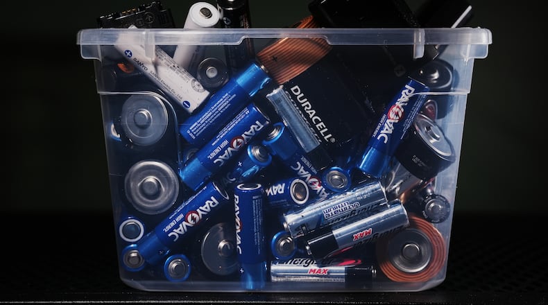 Batteries are displayed in a box Wednesday, Feb. 11, 2026, in Cincinnati. (AP Photo/Joshua A. Bickel)