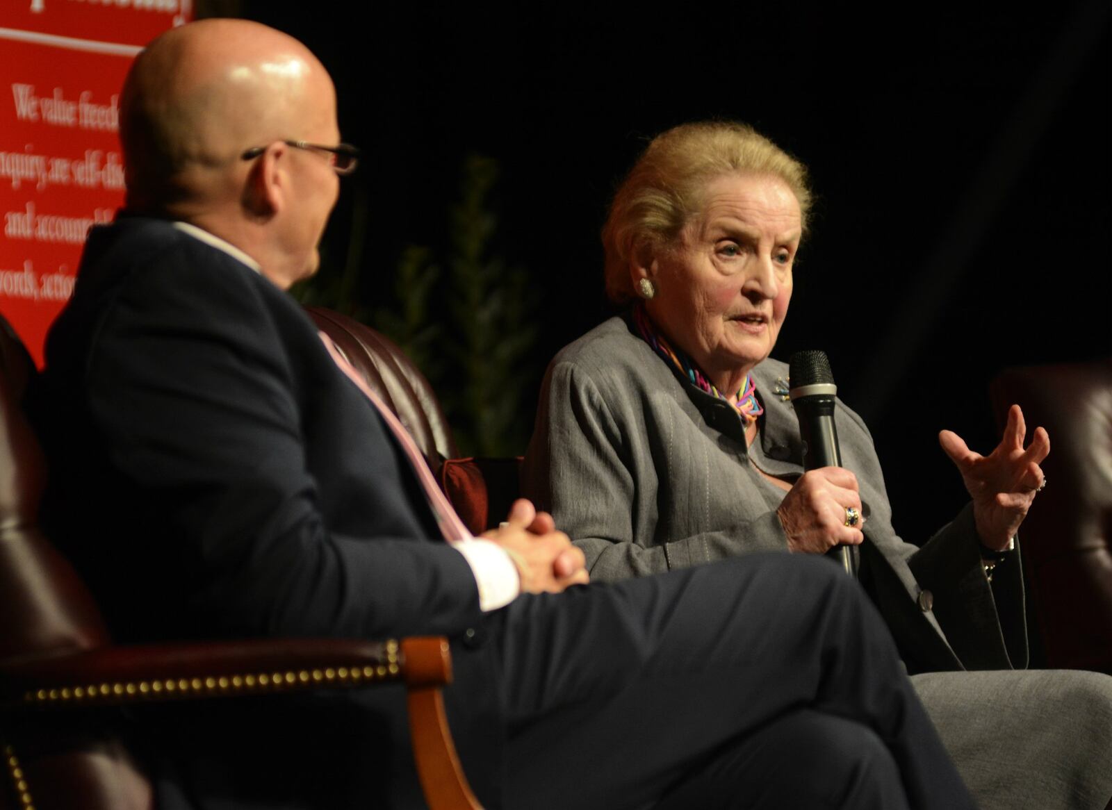 Former U.S. Secretary of State Madeleine Albright spoke to several hundred people on Monday evening inside Millett Hall on the campus of Miami University in Oxford. Her speech was a part of the Farmers School of Business Lecture Series. Albright is pictured with Miami University President Gregory Crawford.