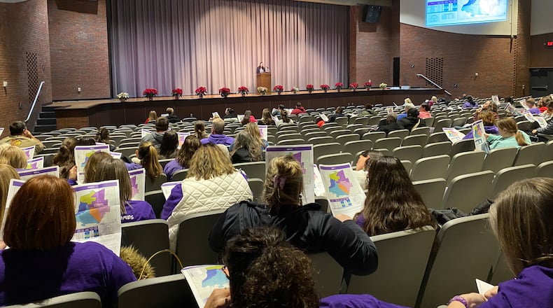 City school parents here got their first, in-person chance Wednesday evening to share their opinions about four proposed redistricting plans each of which would impact thousands of students next school year. The event drew more than 100 school parents and school employees. (Photo By Michael D. Clark/ Journal-News)