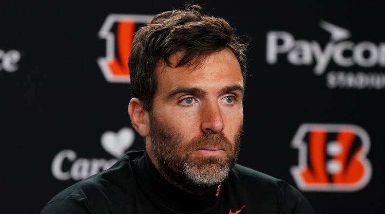 Cincinnati Bengals quarterback Joe Flacco (16) speaks after his team's loss to the Chicago Bears in an NFL football game, Sunday, Nov. 2, 2025, in Cincinnati. (AP Photo/Jeff Dean)
