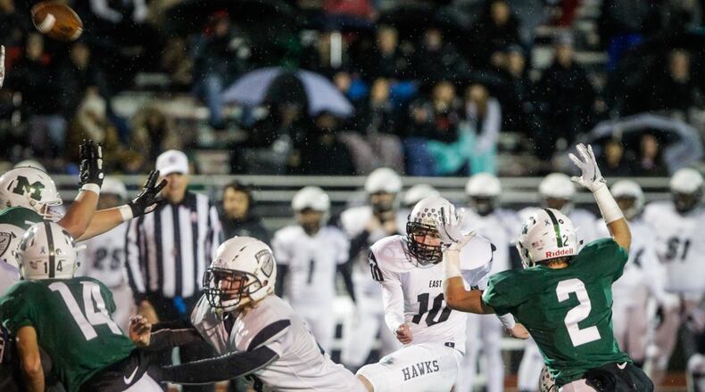 Lakota East’s Gavin Myers kicks a field goal during their their Division I playoff football game against Mason Friday, Nov. 2 at Mason. Lakota East won 20-17. NICK GRAHAM/STAFF