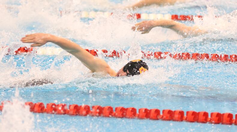 Fenwick High School sophomore Adam Chaney, shown in action earlier this season, captured Division II state championships in the 50- and 100-yard freestyle events this weekend at C.T. Branin Natatorium in Canton. PHOTO COURTESY OF FENWICK HIGH SCHOOL