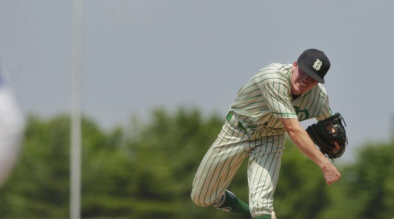 Badin's Ryan Kirkendall pitches during their 5-0 win over Wyoming Saturday, June 5, 2021 in Mason. NICK GRAHAM / STAFF