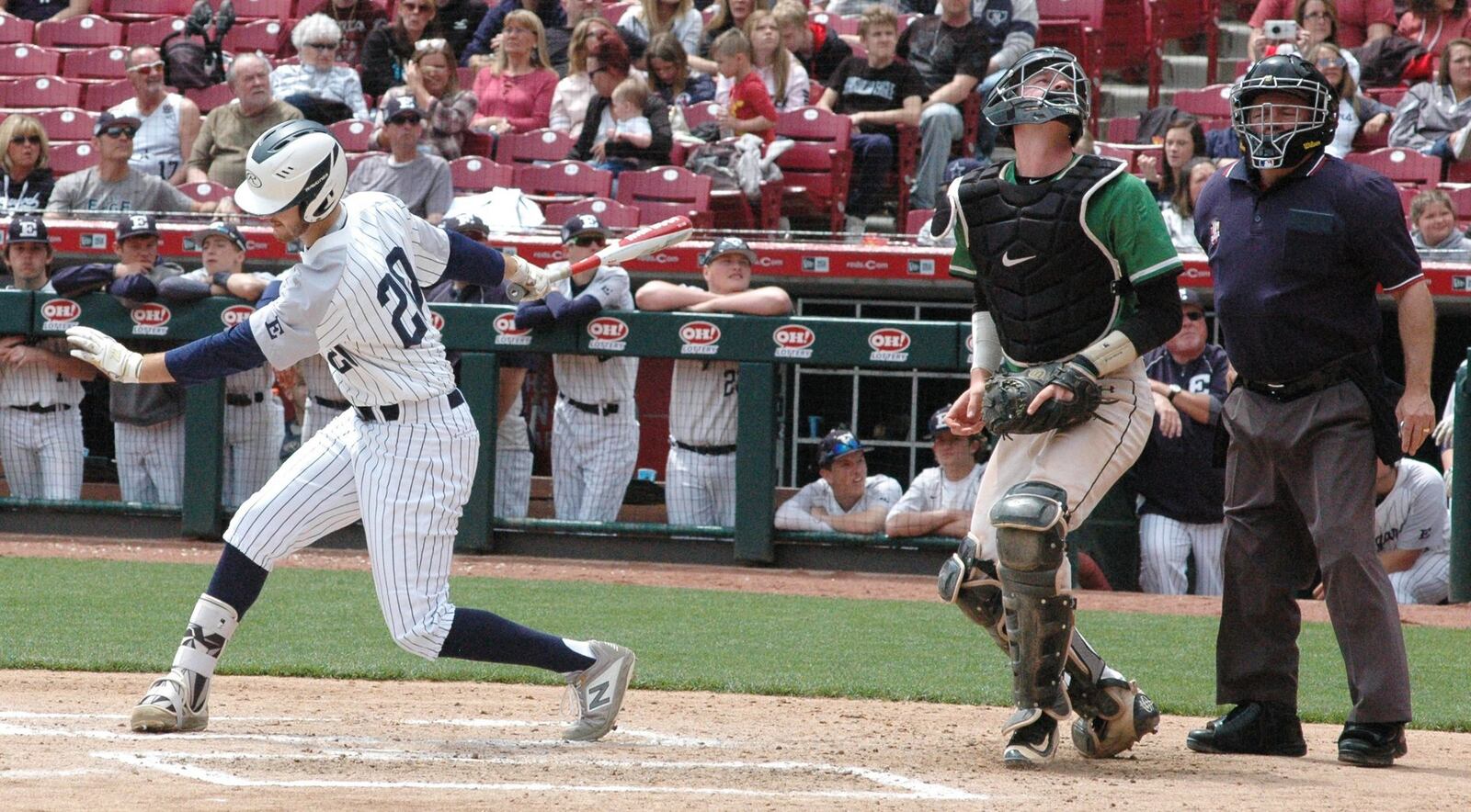 Edgewood’s Shane Watts fouls off a pitch Saturday during a 2-1 Southwest Ohio Conference baseball victory over Harrison at Great American Ball Park in Cincinnati. The game was part of the Skyline Chili Reds Futures High School Showcase. RICK CASSANO/STAFF