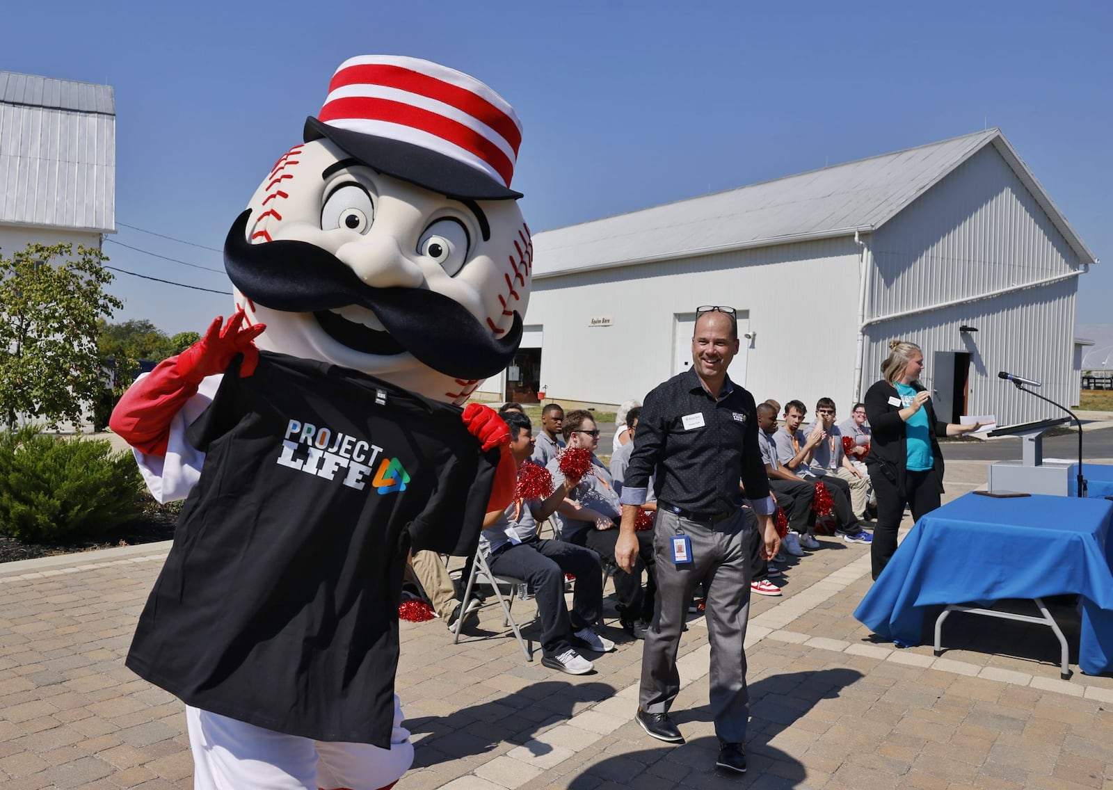 Mr. Redlegs was on hand to present Butler Tech's Project LIFE students and instructor with the 2025 Ability Transcends Challenges Award Monday, Sept. 15, 2025 at Butler Tech Natural Science Center in Monroe. The program was one of twenty to receive the award and the only one in Ohio. NICK GRAHAM/STAFF
