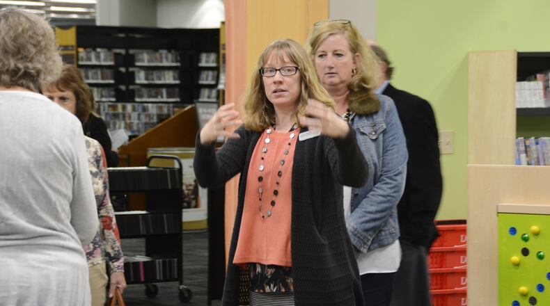 Fairfield Lane Library Branch Manager Valerie Simmons tells the Lane Library Board of Trustees on Monday about the new renovations in the Children’s Library section. The entire library went through a lengthy renovation that started in the fall of 2016. MICHAEL D. PITMAN/STAFF