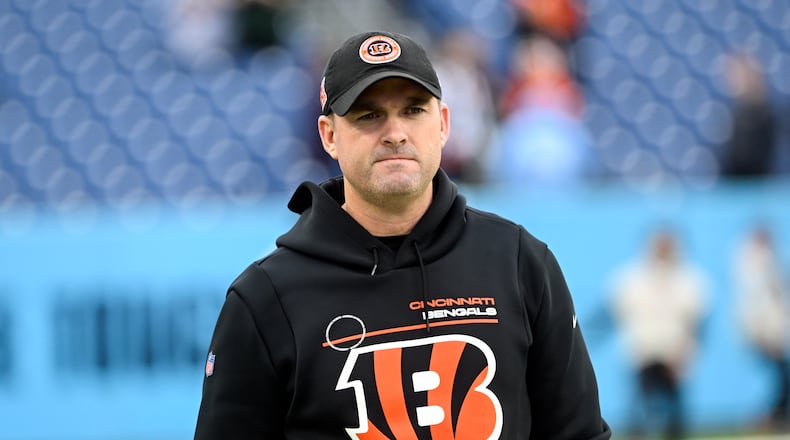 Cincinnati Bengals head coach Zac Taylor looks on during warms ups before an NFL football game against the Tennessee Titans, Sunday, Dec. 15, 2024, in Nashville, Tenn. (AP Photo/John Amis)