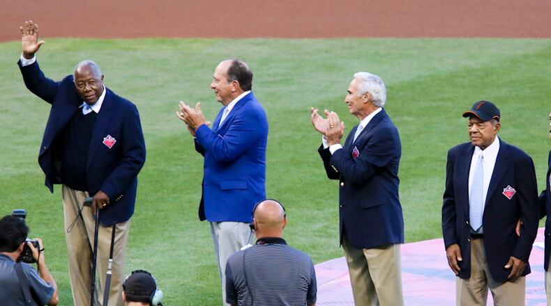 Hank Aaron, Johnny Bench, Sandy Koufax, and Willie Mays were announced as the all-time Major League Baseball Franchise Four before the start of the All-Star game held at Great American Ballpark, Tuesday, July 14, 2015. GREG LYNCH / STAFF