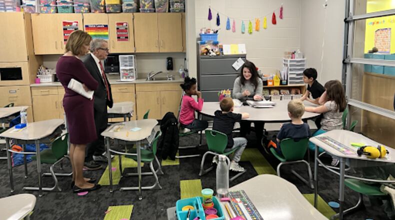 Governor Mike DeWine and his wife, Fran DeWine, observe a literacy intervention led by Amanda Wilson. Literacy interventions at Northridge utilize evidence-based strategies and programs. CONTRIBUTED