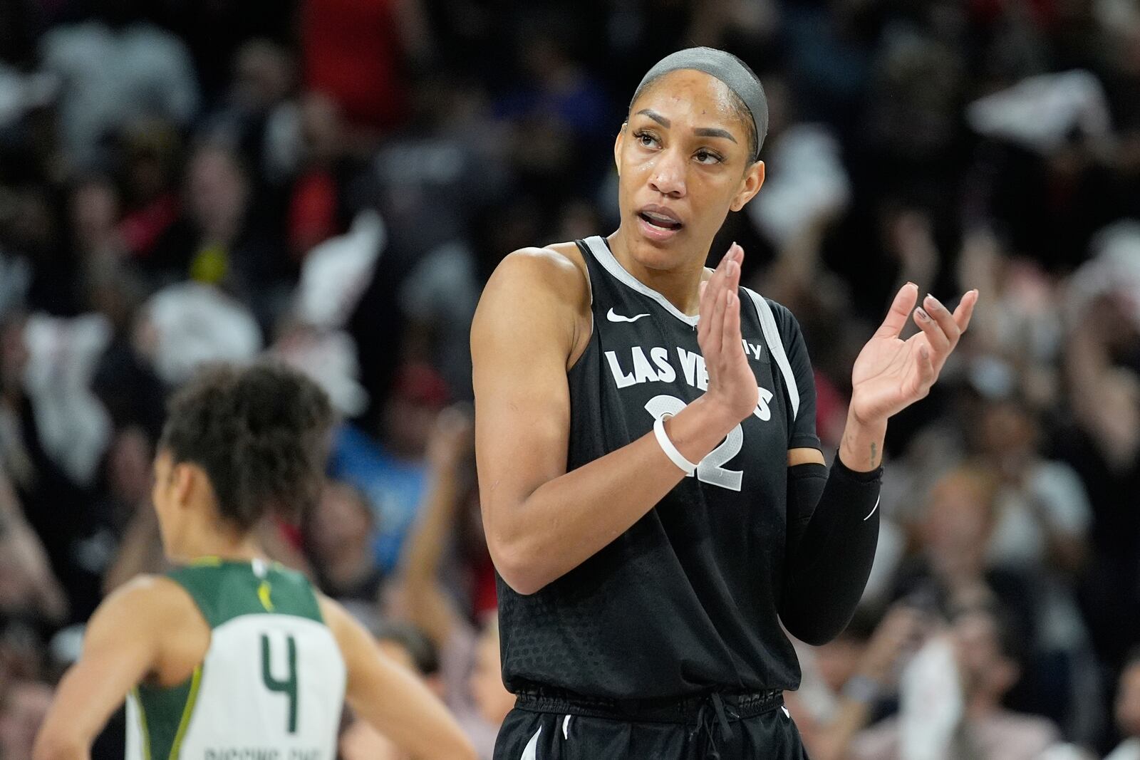 FILE - Las Vegas Aces center A'ja Wilson (22) plays against the Seattle Storm in Game 2 of a WNBA basketball first-round playoff game Tuesday, Sept. 24, 2024, in Las Vegas. (AP Photo/John Locher, File)