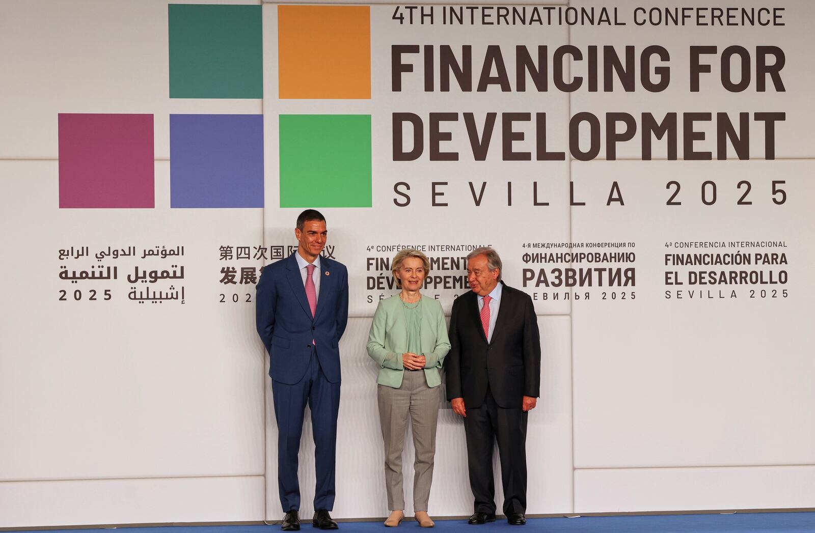 Spain's Prime Minister Pedro Sanchez, left, European Commission President Ursula von der Leyen, center, and Antonio Guterres, Secretary-General of the United Nations pose for a photo ahead of the four-day Financing for Development meeting in the southern city of Seville, Spain, Monday, June 30, 2025. (AP Photo/Jose Angel Garcia)