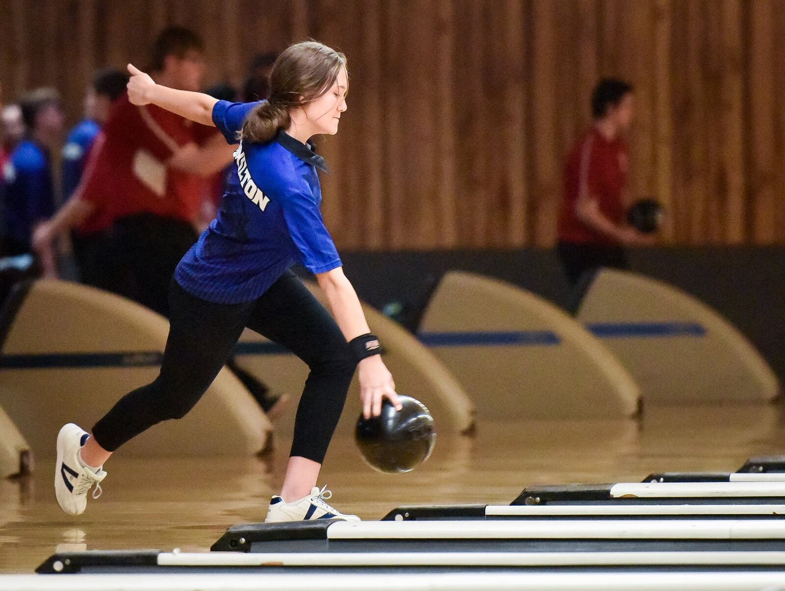 Hamilton’s Lilly Arvin competes during Monday’s Greater Miami Conference bowling match against Fairfield at the Game of Fairfield. NICK GRAHAM/STAFF