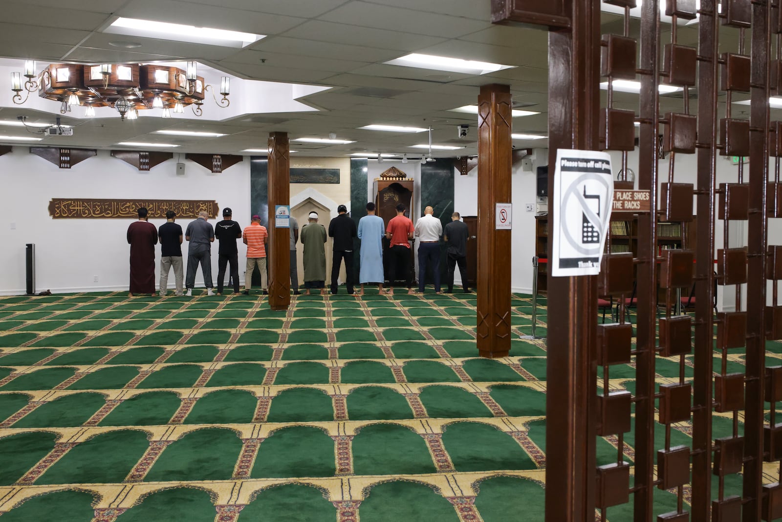 Worshippers pray at the Islamic Center of Southern California on June 16, 2025, in Los Angeles. (AP Photo/Jessie Alcheh)