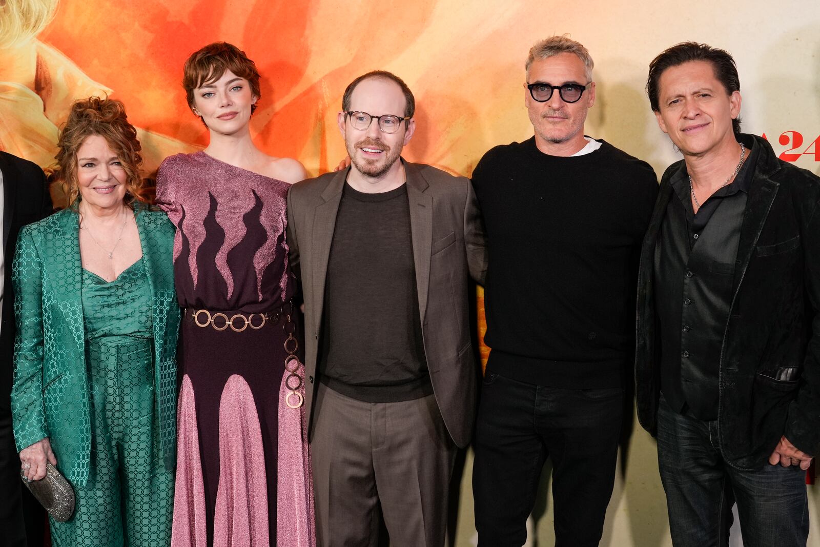 Deirdre O'Connell, from left, Emma Stone, Ari Aster, Joaquin Phoenix, and Clifton Collins Jr. arrive at the premiere of "Eddington" on Thursday, June 26, 2025, at the DGA Theater Complex in Los Angeles. (AP Photo/Chris Pizzello)