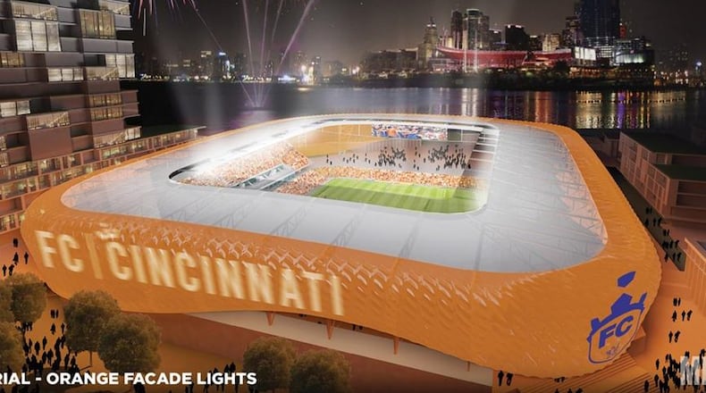 An artist rendering of the proposed FC Cincinnati stadium. CONTRIBUTED
