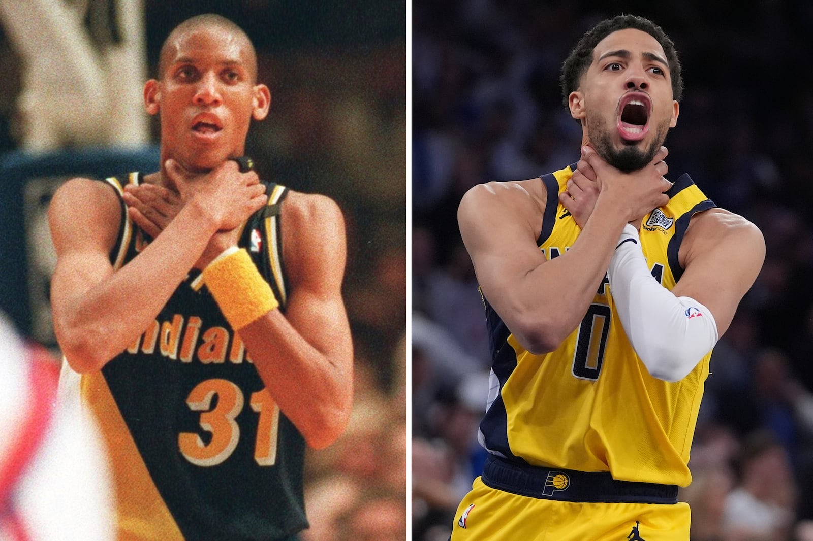 FILE - In this combo of file photos, Indiana Pacers player Reggie Miller, left, makes a choking gesture during Game 5 of the 1994 Eastern Conference final against the New York Knicks on June 1, 1994, in New York. Indiana Pacers guard Tyrese Haliburton (0) makes a choke motion towards the New York Knicks after hitting a shot at the end of the fourth quarter of Game 1 of the NBA basketball Eastern Conference final, Wednesday, May 21, 2025, in New York. (Paul Bereswill/Newsday via AP, left, and AP Photo/Frank Franklin II, File)