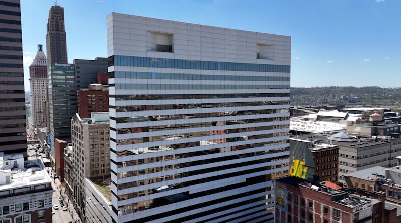 A drone visual shows the new apartment complex that now sits at the former Macy's headquarters in Cincinnati. WCPO