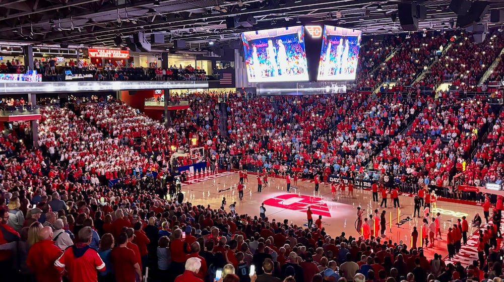 Dayton and Virginia Commonwealth stand for the national anthem on Friday, March 6, 2026, at UD Arena. David Jablonski/Staff