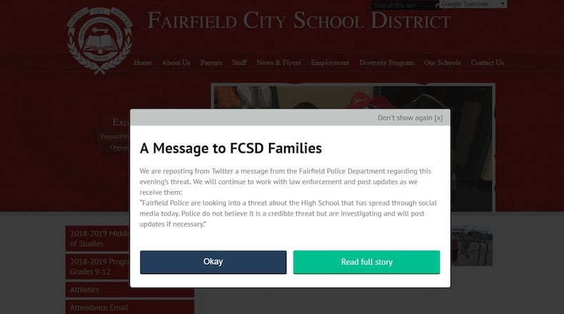 This is the post on the Fairfield City School District’s website about the alleged social media threat made regarding the high school.