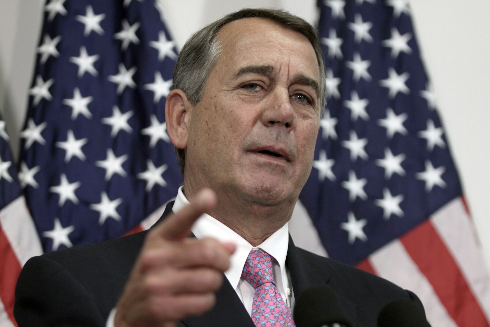 Outgoing House Speaker John Boehner of Ohio talks with reporters on Capitol Hill in Washington, Tuesday, Oct. 27, 2015. House Republican leaders on Tuesday pushed toward a vote on a two-year budget deal despite conservative opposition, relying on the backing of Democrats for the far-reaching pact struck with President Barack Obama. In his last days as speaker, John Boehner was intent on getting the measure through Congress and head off a market-rattling debt crisis next week and a debilitating government shutdown in December. The deal also would take budget showdowns off the table until after the 2016 presidential and congressional elections, a potential boon to the eventual GOP nominee and incumbents facing tough re-election fights. (AP Photo/Lauren Victoria Burke)