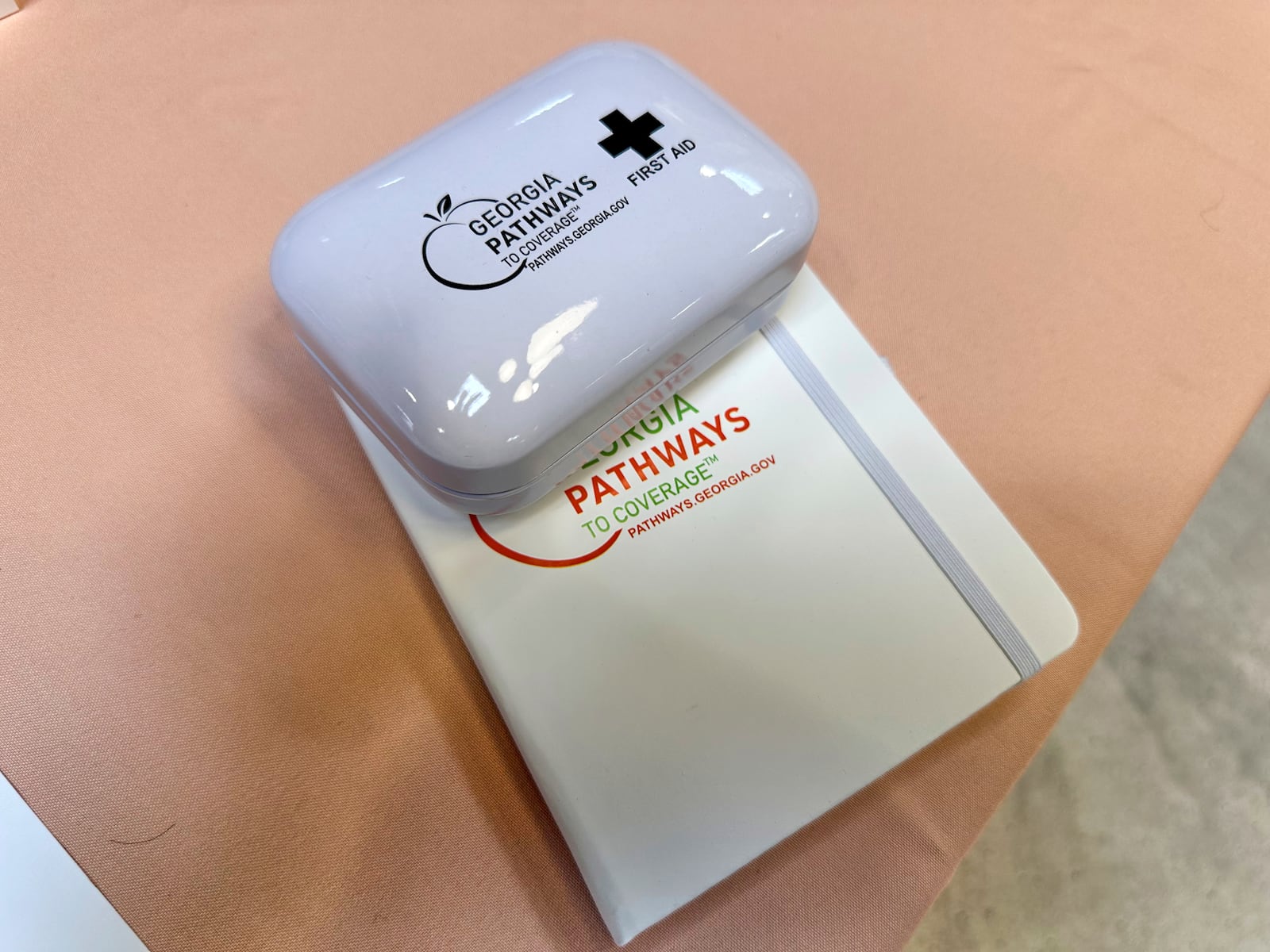 A first aid box with the Georgia Pathways logo is seen at a job fair in Atlanta, Ga. Thursday, June 5, 2025. (AP Photo/Sudhin Thanawala)
