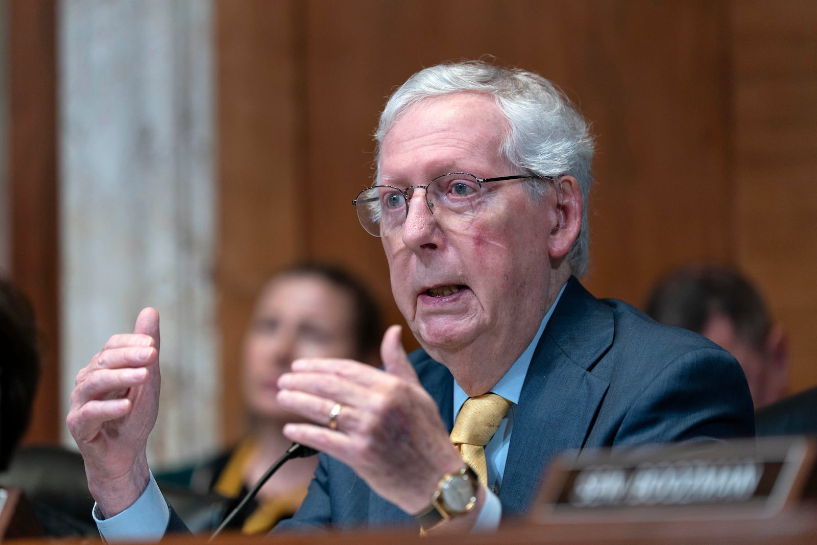 FILE - Sen. Mitch McConnell, R-Ky., speaks during a Senate Committee on Appropriations subcommittee hearing to review the Fiscal Year 2026 budget request for the U.S. Department of State on Capitol Hill in Washington, May 20, 2025. (AP Photo/Jose Luis Magana, File)