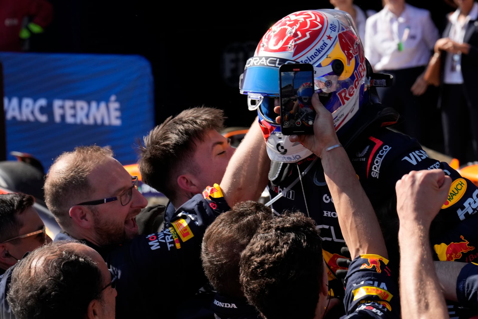 Red Bull driver Max Verstappen of the Netherlands celebrates after winning the Italian Emilia Romagna Formula One Grand Prix, at the Enzo and Dino Ferrari racetrack in Imola, Italy, Sunday, May 18, 2025. (AP Photo/Luca Bruno)
