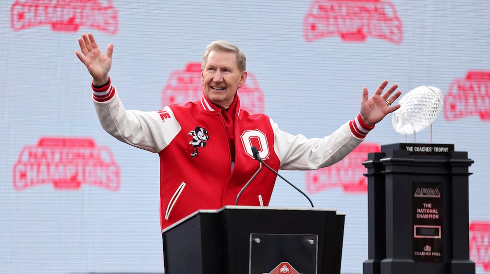 FILE - Ohio State University President Ted Carter speaks during the National Championship football celebration at Ohio Stadium in Columbus, Ohio, Jan. 26, 2025. (AP Photo/Joe Maiorana, file)