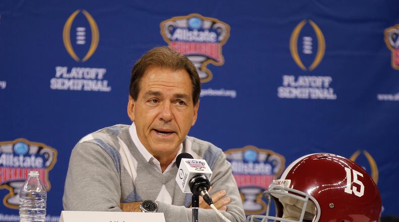 Alabama coach Nick Saban talks to reporters during Media Day at the Sugar Bowl at the Superdome in New Orleans on Tuesday, Dec. 30, 2014. David Jablonski/Staff
