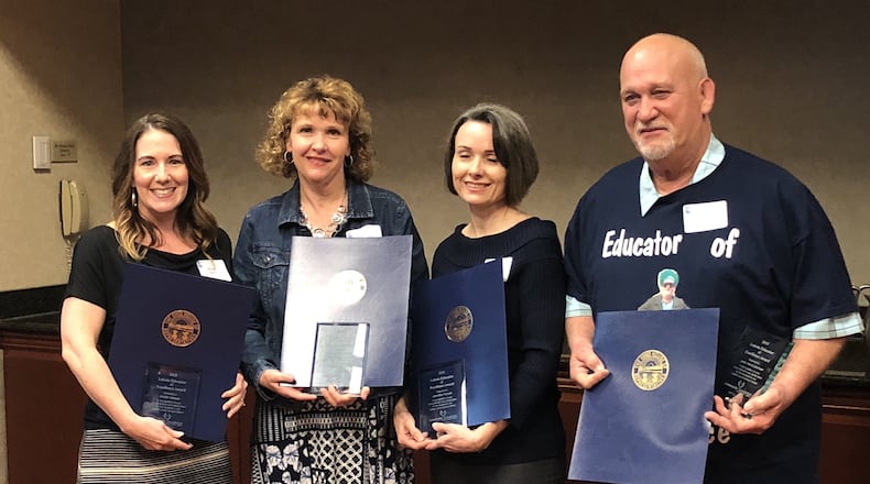 Three teachers and a school custodian won the annual Educators of Excellence award for Lakota Schools. Left to right: Kristin Sellers (first grade teacher at Liberty ECS), Eunice Vogelsang (first grade teacher at Liberty ECS), Jennifer Parrett (Honors American History teacher at Lakota West Freshman), & John Mc Cutchen (head custodian at Adena Elementary). CONTRIBUTED