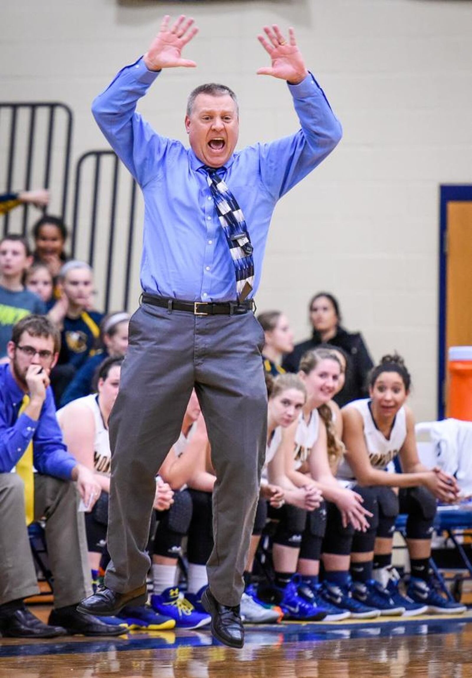 Monroe coach Chad Allen shows his emotion during a Jan. 25 game against Bellbrook. NICK GRAHAM/STAFF