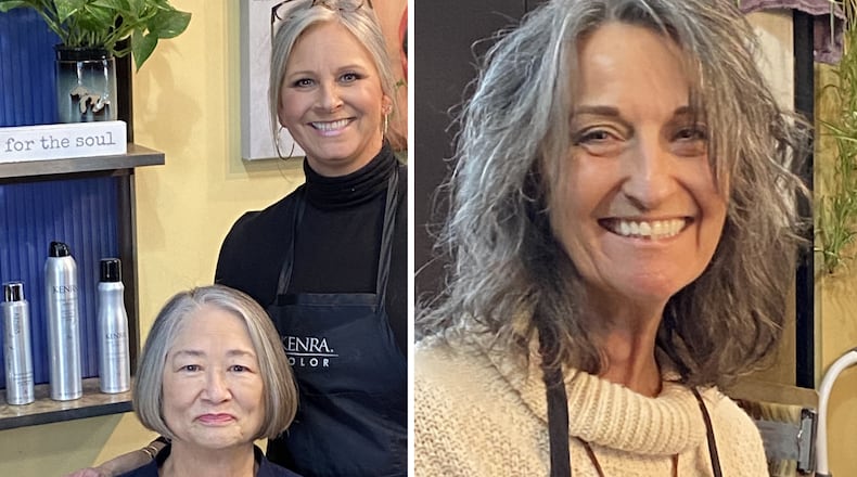 Left: Stylist Kim Smith worked with client Linda McCarty to transition her bob to show her salt and pepper. Right: The key to looking youthful is a current, “edgy” haircut, not lack of gray, says stylist Michelle Coe. CONTRIBUTED PHOTOS