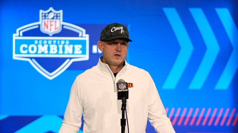 Cincinnati Bengals director of player personnel Duke Tobin speaks during a news conference at the NFL football scouting combine, Tuesday, Feb. 27, 2024, in Indianapolis. (AP Photo/Darron Cummings)