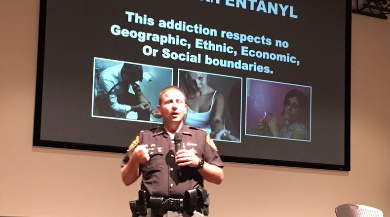 Montgomery County Sheriff’s Chief Deputy Rob Streck discusses the opioid addiction crisis during a townhall on Wednesday, Aug. 9 at the Christian Life Center in Butler Township. LYNN HULSEY/Staff
