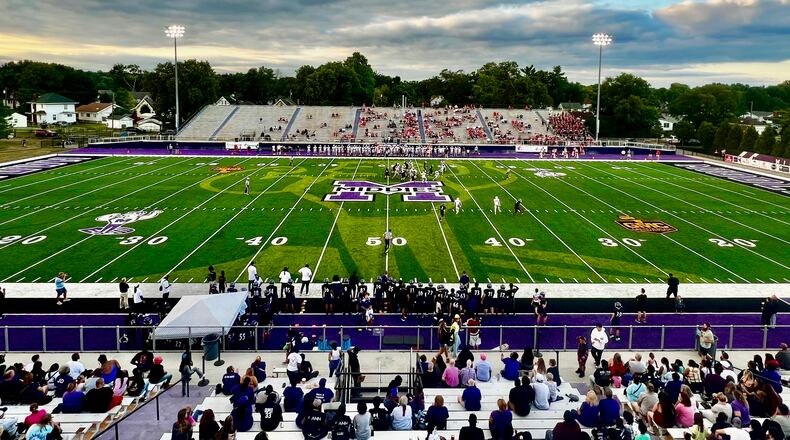 An excited crowd saw the unveiling Friday night of Middletown Schools’ new $750,000 football field at its team's season home opener at Barnitz Stadium. The Middletown High School football Middies took on the Troy High School football squad but the dazzling new synthetic turf and its colorful graphics shared the spotlight in what school officials described as more than a prep sporting event. (Provided)