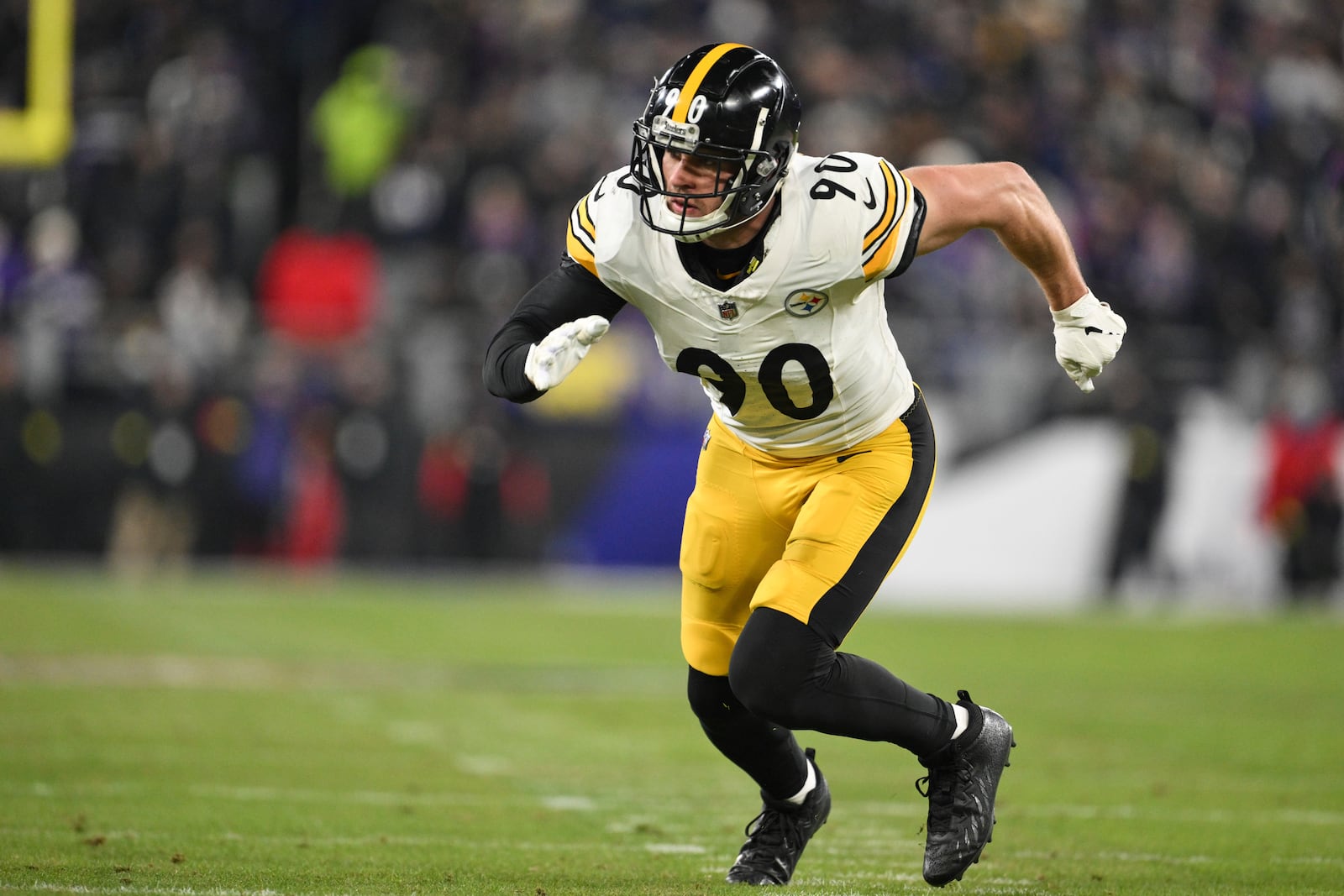 FILE - Pittsburgh Steelers linebacker T.J. Watt (90) in action during the first half of an NFL wild card playoff football game against the Baltimore Ravens, Saturday, Jan. 11, 2025, in Baltimore. (AP Photo/Terrance Williams, File)