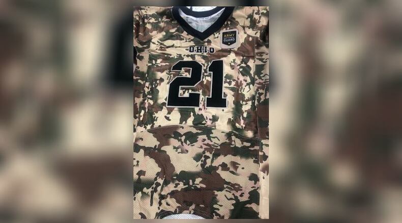 Fairfield High School’s football squad will open the upcoming season by wearing specially designed camouflage jerseys to honor military veterans and first responders. The Butler County school will be first in Ohio to sport the military-themed jerseys.(Provided photo/Journal-News)