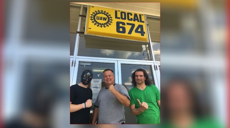 Members of the Northern Wrestling Federation, who wrestle at the UAW Local 674 hall at 1223 Symmes Road in Fairfield include (from left) Austin Crane, who wrestles under the name Star Rider, longtime trainer Roger Ruffen of West Chester, and trainer/wrestler Tim Minnelli. MIKE RUTLEDGE/STAFF