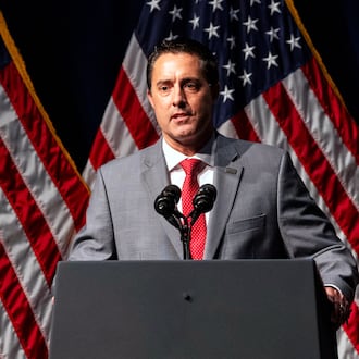 Ohio Secretary of State Frank LaRose speaks during the Ohio Republican Party dinner, Tuesday, June 24, 2025, in Lima, Ohio. (AP Photo/Lauren Leigh Bacho)