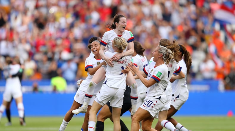 LYON, FRANCE - JULY 07: Rose Lavelle of the USA celebrates with teammates following the 2019 FIFA Women’s World Cup France Final match between The United States of America and The Netherlands at Stade de Lyon on July 07, 2019 in Lyon, France. (Photo by Richard Heathcote/Getty Images)