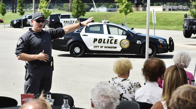More police training has been a nationwide call in the aftermath of the deaths of George Floyd and Rayshawn Brooks. Pictured a discussion at the Fitton Center for Creative Arts in Hamilton presented by the Hamilton Police Department’s Special Weapons and Tactics (SWAT) team in 2018. NICK GRAHAM/FILE
