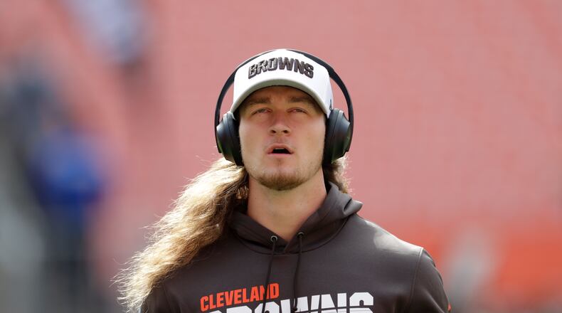 Cleveland Browns punter Jamie Gillan is shown before an NFL football game between the Tennessee Titans and the Cleveland Browns, Sunday, Sept. 8, 2019, in Cleveland. (AP Photo/Ron Schwane)