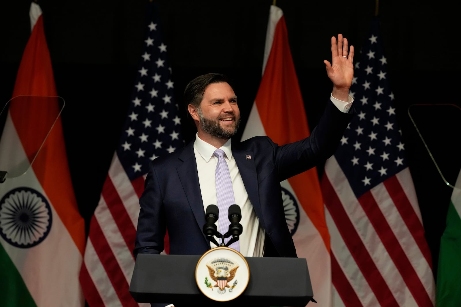 U.S. Vice President JD Vance waves at the audience after speaking at the Rajasthan International Center in Jaipur, India, Tuesday, April 22, 2025. (AP Photo/Manish Swarup)