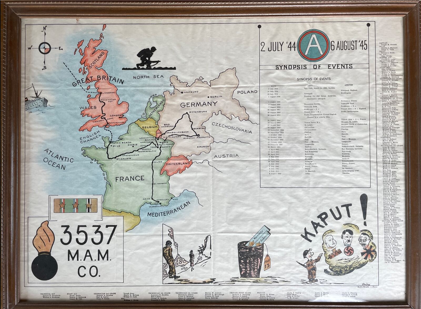 A hand-drawn map sent to William Beckman, who served in WWII, shows the arduous route from landing on Omaha Beach to their long trek across France into Germany and Belgium. CONTRIBUTED