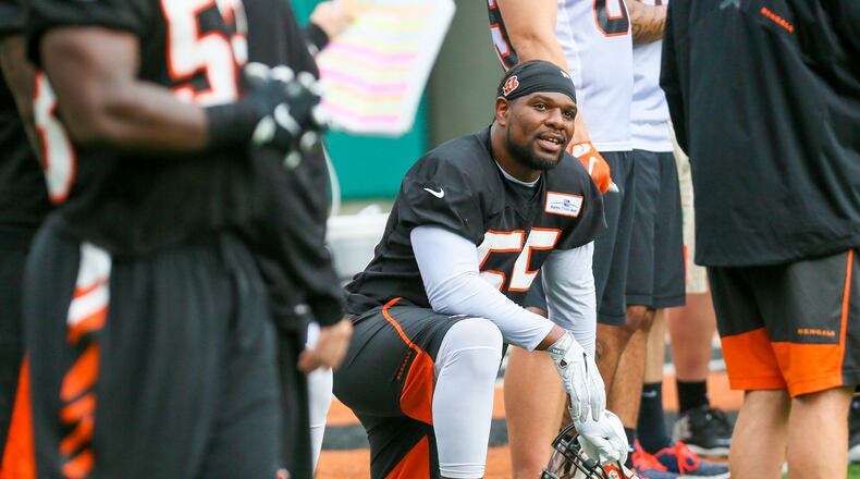 Bengals linebacker Vontaze Burfict (55) in a calm moment during June minicamp. GREG LYNCH / STAFF