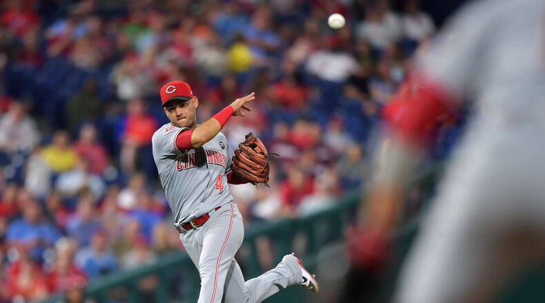 PHILADELPHIA, PA - JUNE 07: Jose Iglesias #4 of the Cincinnati Reds makes a throw to first base in the seventh inning Philadelphia Phillies at Citizens Bank Park on June 7, 2019 in Philadelphia, Pennsylvania. The Phillies won 4-2. (Photo by Drew Hallowell/Getty Images)